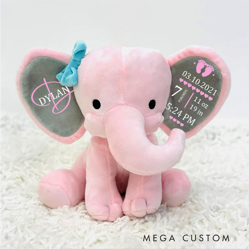 Personalized Birth Details Illustration with Weight Height and Time for a Meaningful Keepsake Baby Elephant Plush Toys