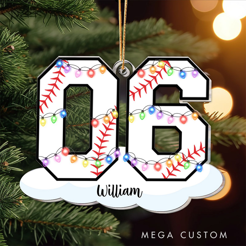 Personalized Baseball Number Ornament with Custom Name and Festive Lights  