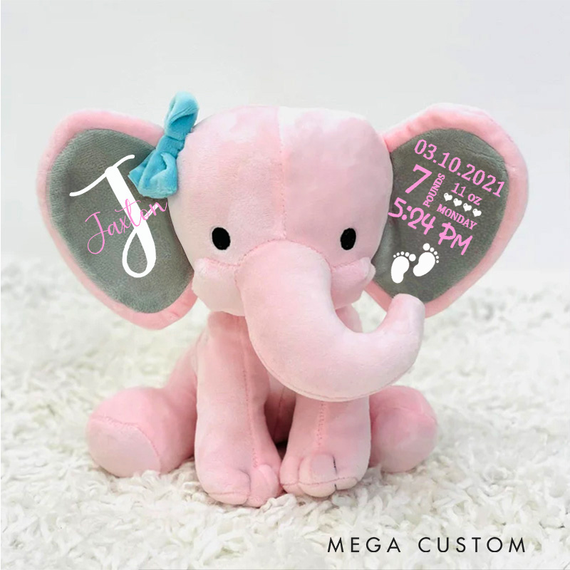 Personalized Birth Announcement Illustration with Date Time Weight and Footprint Details for Treasured Memories Baby Elephant Plush Toys