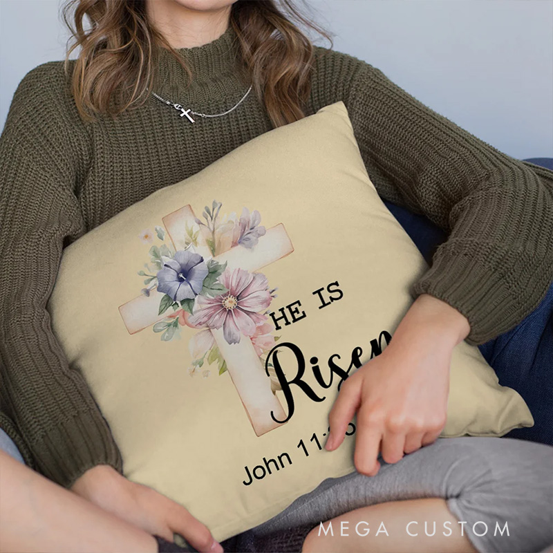 Personalized He Is Risen Bible Verse Birth Flowers Soft Throw Pillow Home Decor Religious Pillow Birthday Gift Easter Gift for Women Christians