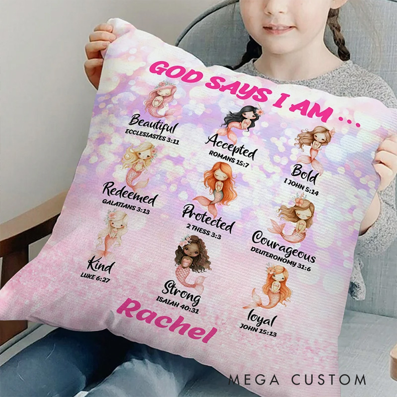 Personalized God Says I Am Colorful Mermaid Throw Pillow with Name and Bible Verse Home Decor Birthday Gift for Girls