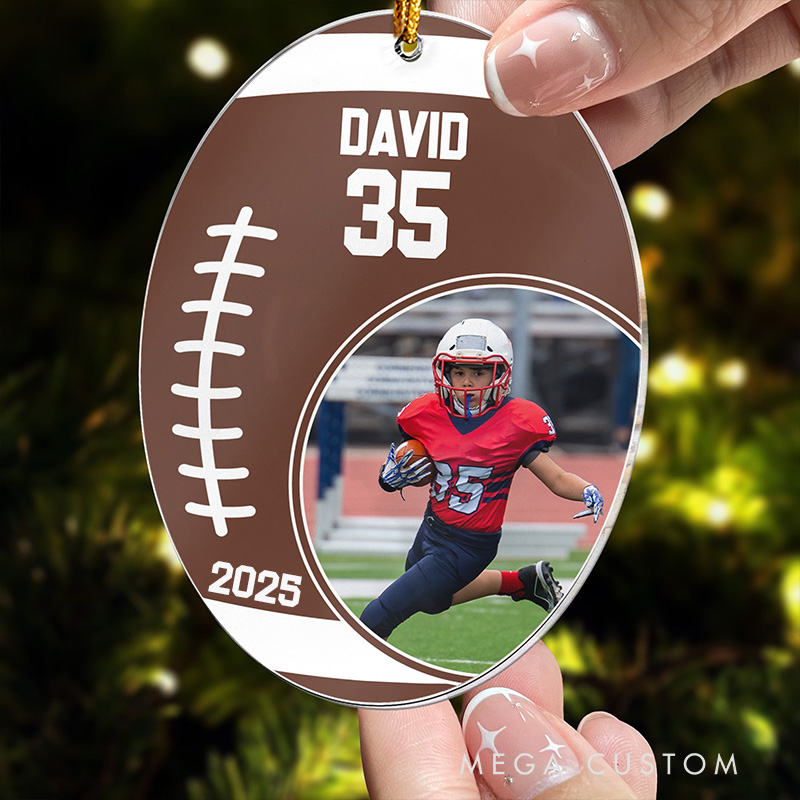 Personalized Football Christmas Ornament with Custom Photo, Name, and Number 
