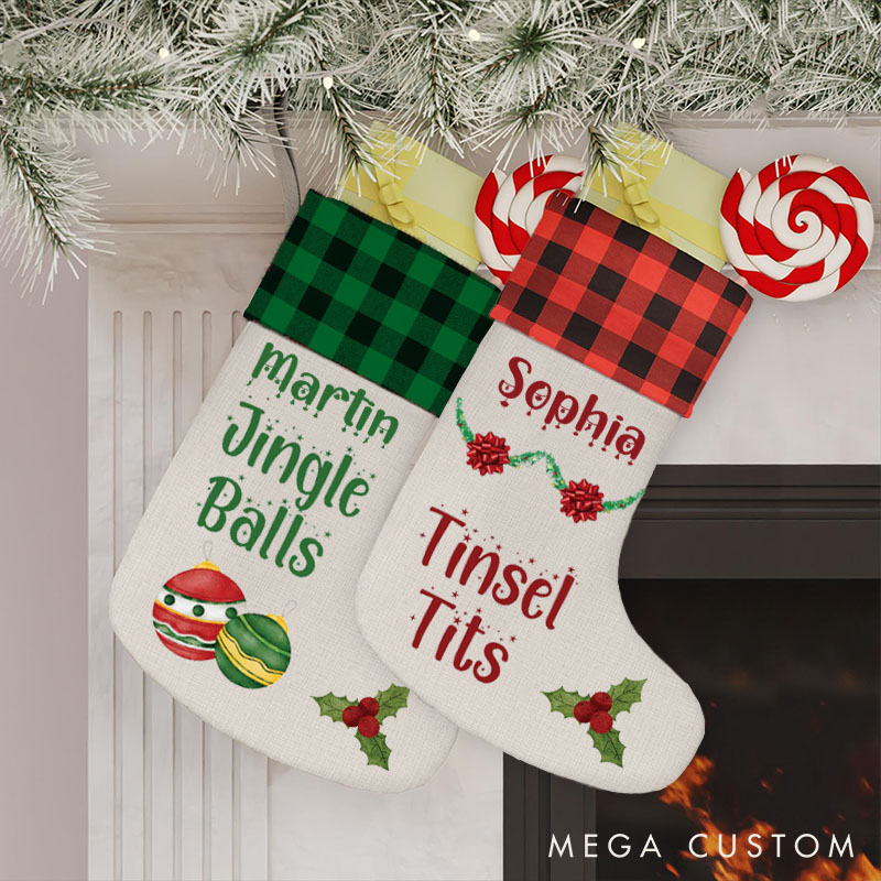 Personalized Couple Jingle Balls Tinsel Tits Christmas Stocking Funny Matching Christmas Stocking