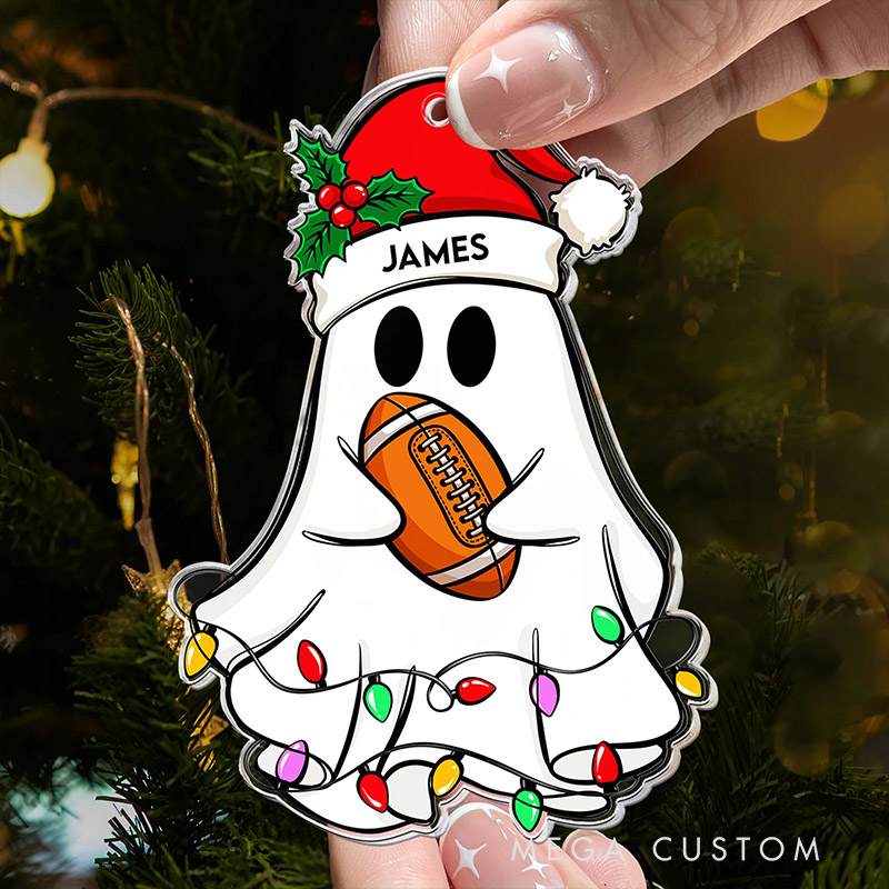 Personalized Ghost Football Ornament with Custom Name and Festive Lights 