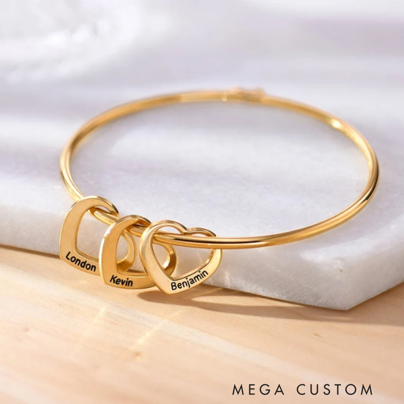 Personalized Bangle Bracelet Engraved Hearts Charms Pendants Heart Shape Bracelet Minimalist Jewelry for Her