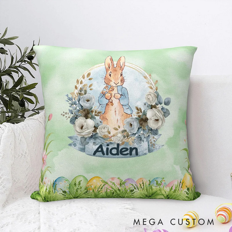 Personalized Floral Cross Rabbit Eggs Soft Throw Pillow with Name Home Decor Easter Gift Birthday Gift for Kids 