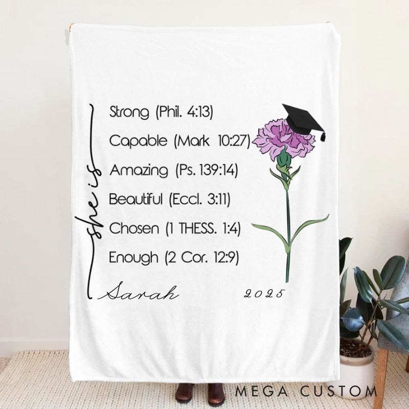 Personalized Graduation Cap Birth Flower Bible Verse Soft Throw Blanket with Name and Year Religious Day Birthday Graduation Gift for Graduate