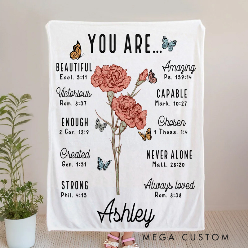 Personalized Bible Verse Birth Flower Soft Throw Blanket with Name Religious Day Birthday Holiday Gift for Christian Women