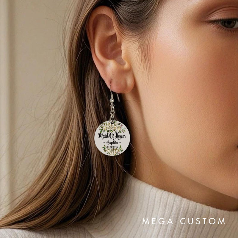 Personalized Floral Maid of Honor Earrings Bride Earrings Bachelorette Party Gift