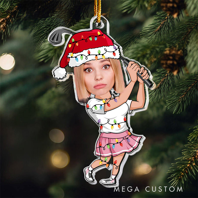 Personalized Acrylic Ornament with Custom Photo and Holiday Golf Theme  