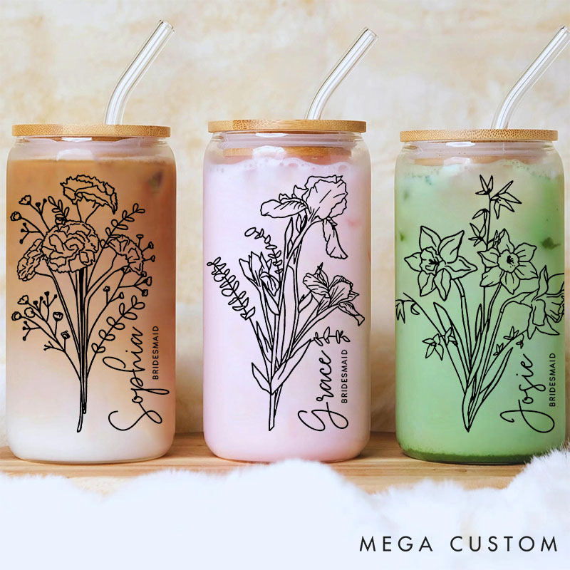 Personalized Bridesmaid Birth Flower Can Glasses with Lid and Straw Bride Wildflower Coffee Cup Bachelorette Party Gift