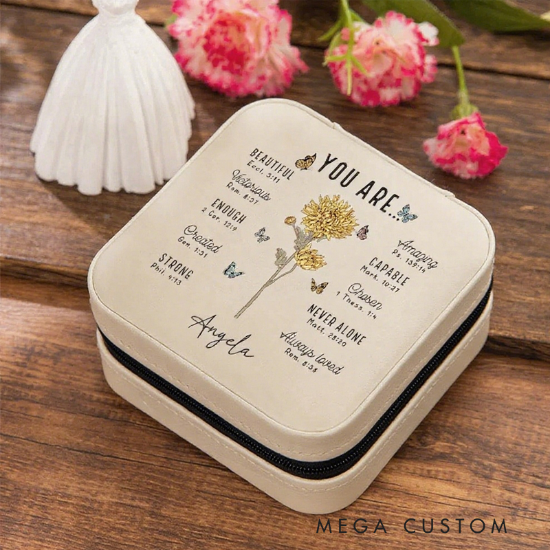 Personalized You Are Bible Verse Birth Flower Leather Jewelry Box with Name Travel Essentials Birthday Anniversary Gift for Women Christians