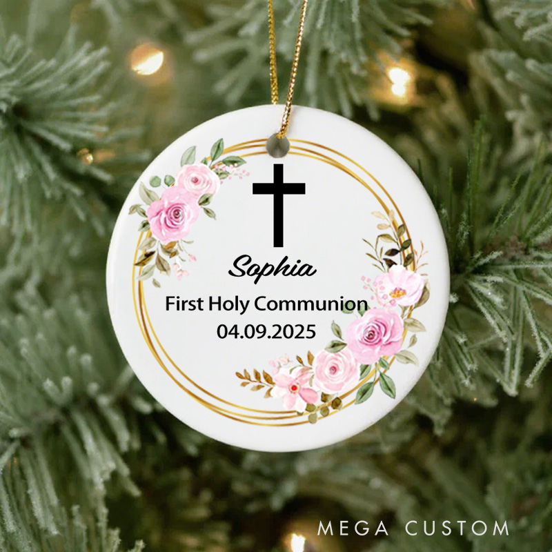 Personalized Floral Leaf Cross Christian Ornament with Name Birthday Gift First Communion Gift for Boys Girls