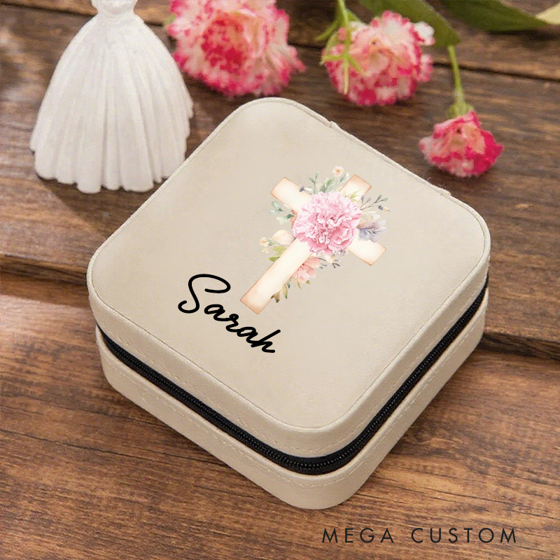 Personalized 1-5 Birth Flowers Cross Leather Jewelry Box with Name Travel Essential Birthday Gift for Women Christian