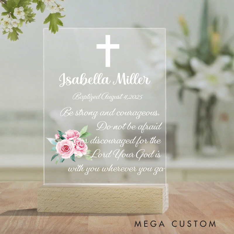 Personalized Flower Leaf Wreath Cross Wooden Base Acrylic Sign with Name and Text Table Decor Religious Gift Birthday Gift for Kids
