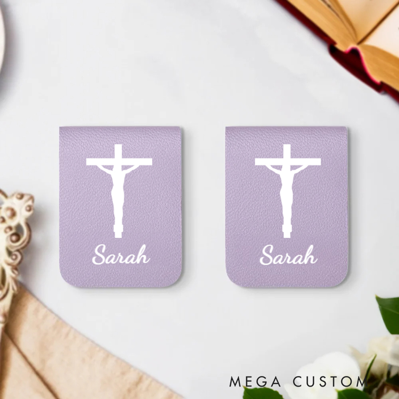 Personalized Cross Birth Flowers Magnetic Leather Bookmark Clip with Name Baptism Birthday Gift for Bookworms Christian Bible Reader
