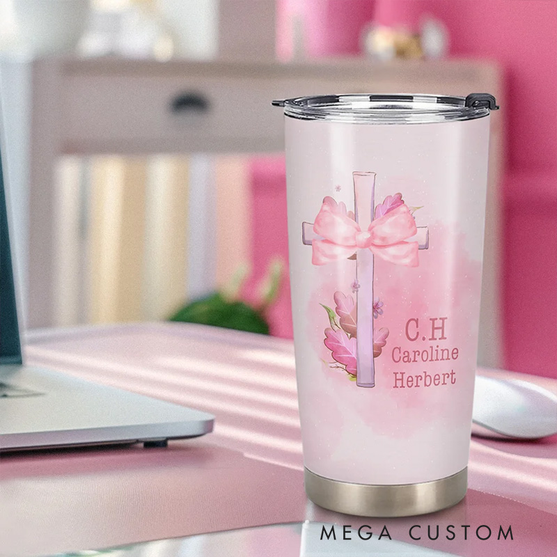 Personalized Pink Coquette Bow Tie Cross 20oz Tumbler with Name Birthday Gift Religious Gift for Women and Girls