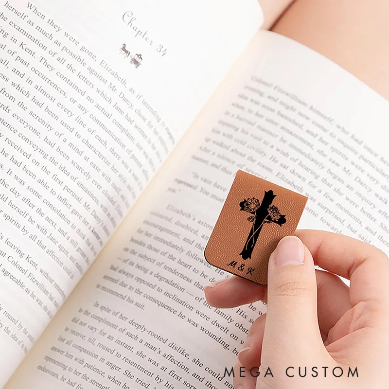 Personalized Cross Birth Flowers Magnetic Leather Bookmark Clip with Name Birthday Gift for Bookworms Christian Bible Reader