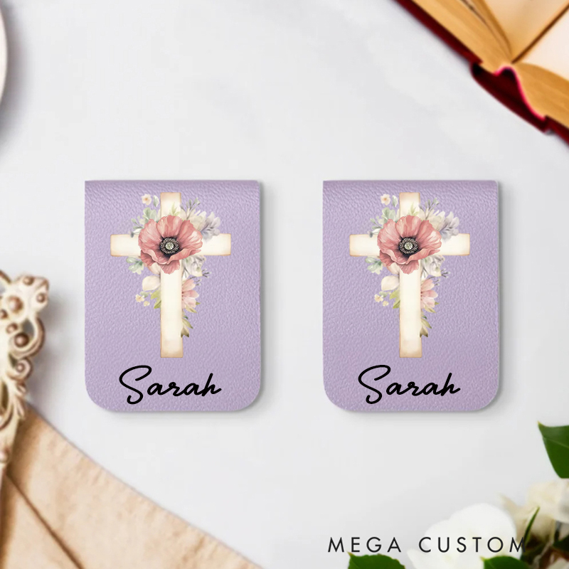 Personalized Watercolor Cross 1-5 Birth Flowers Magnetic Leather Bookmark Clip with Name Birthday Gift for Bible Reader Book Lover Christian