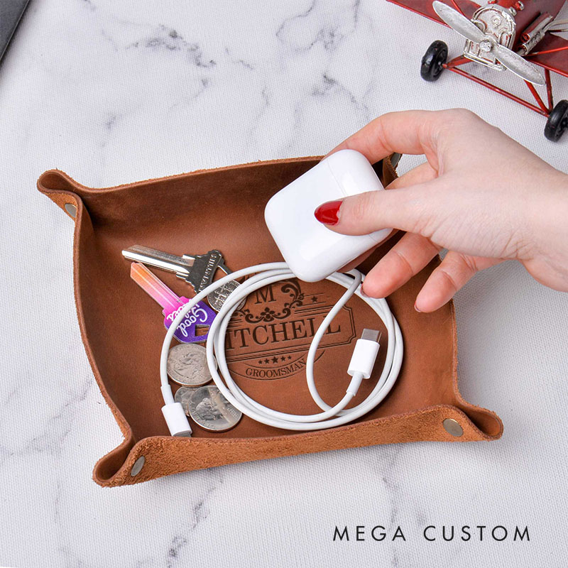 Personalized Leather Catchall Tray for Groom Groomsman Leather Storage Station Tray