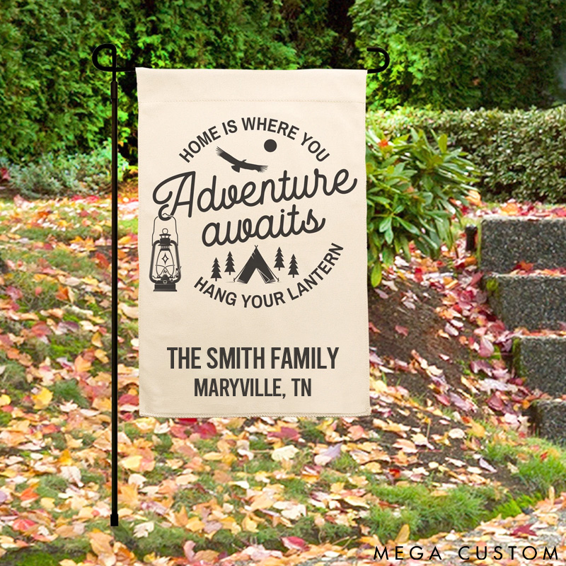 Personalized Camping-Inspired Family Garden Flag Adventure Awaits Garden Flag Gift for travel Hiking Lovers
