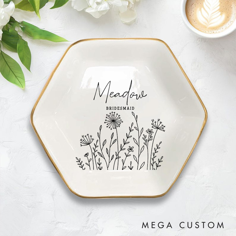 Personalized Bridesmaid Wildflower Ring Dish Bride Best Friend Jewelry Dish Bachelorette Party Gift