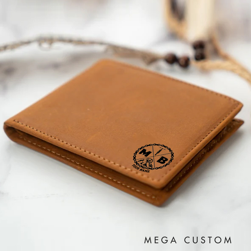 Personalized Cycling Bike Lover Riding Bold Gear and Crank Graphic with Custom Name Leather Wallet