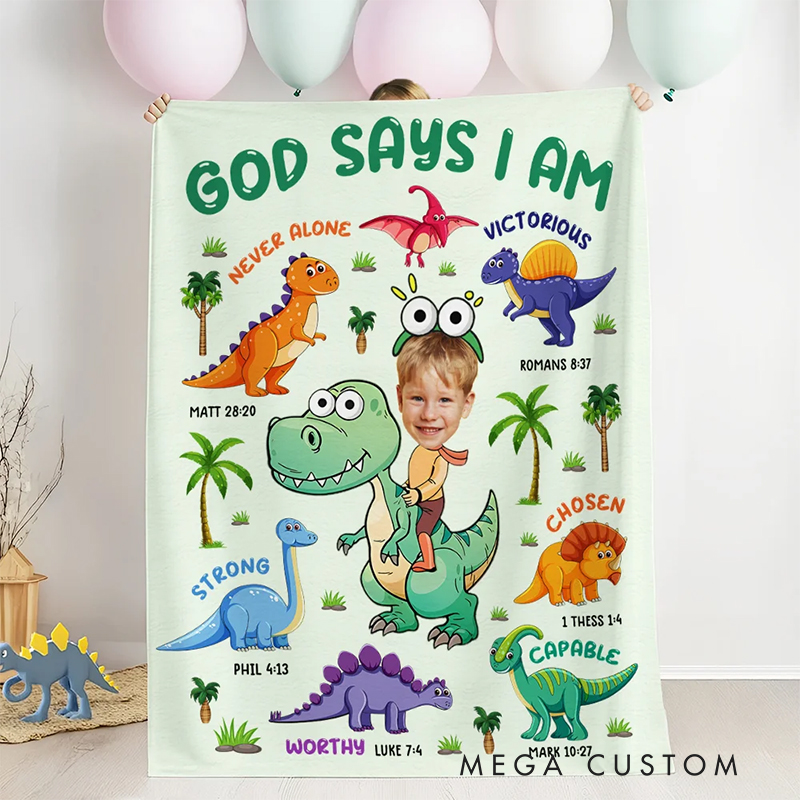 Personalized Dinosaur God Says I Am Face Photo Soft Throw Blanket Home Decor Gift for Boys Gift for Girls Birthday Gift Christening Gift