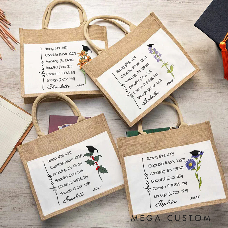 Personalized Bible Verses Birth Flower Graduation Cap Tote Bag with Name and Year Large Storage Graduation Gift for Women Christian Graduates