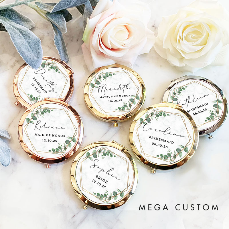 Personalized Maid of Honor Eucalyptus and Geometric Wreath Mirror Bride Compact Mirror Bachelorette Party Gift