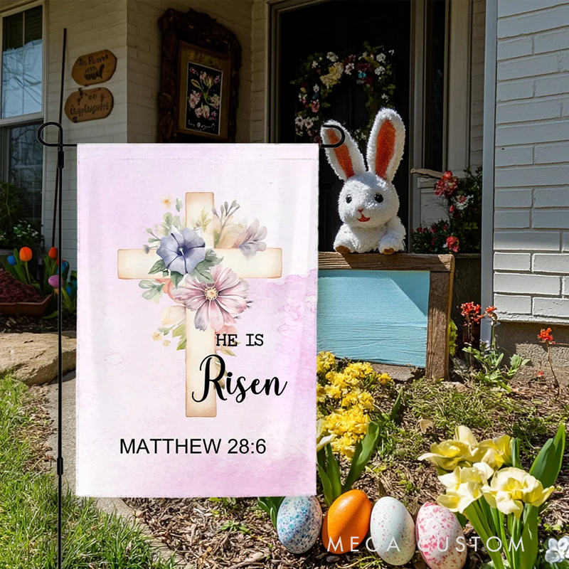 Personalized He is Risen Watercolor Cross 1-5 Birth Flowers Garden Flag with Text Yard Porch Decor Easter Holiday Religious Gift for Family Christian