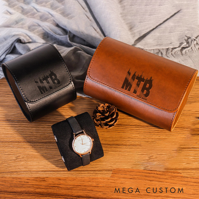 Personalized Engraved MTB Gear Watch Box Leather Holds Multiple Watches Protection Featuring a Snap Closure Secure Keeping for Outdoor Adventures Riding Cycling Biking Enthusiasts