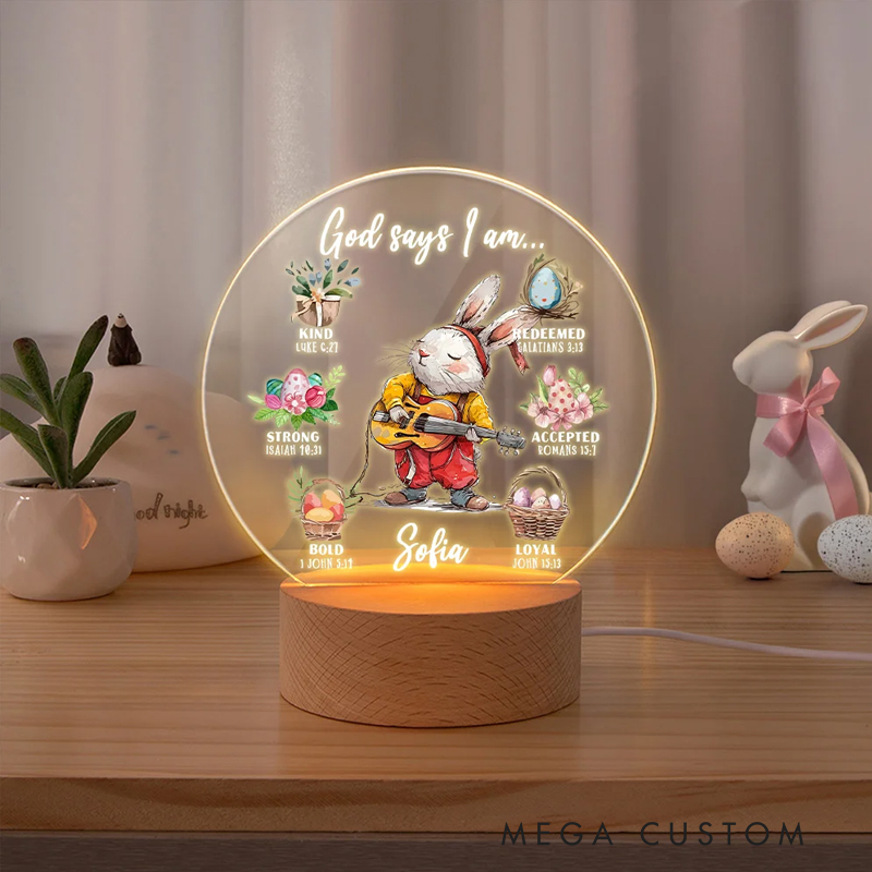 Personalized Bunny Career God Says I Am Name LED Night Light with Wooden Base Nursery Decor Birthday Easter Gift for Christian