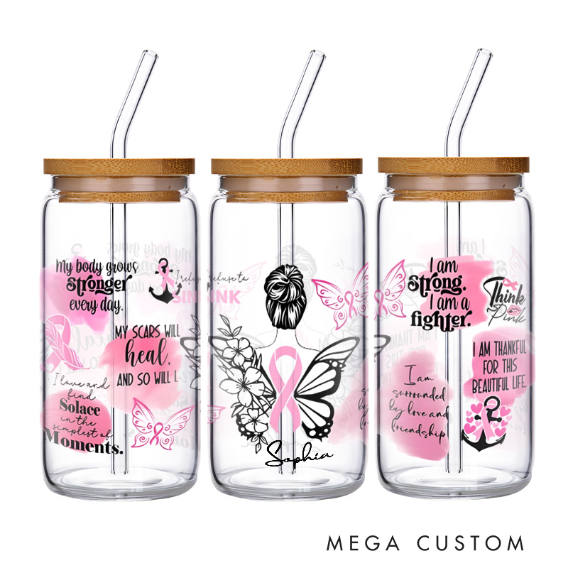 Personalized Breast Cancer Awareness Pink Ribbon Design Glass for Fighters and Survivors Inspirational Glasse Cup