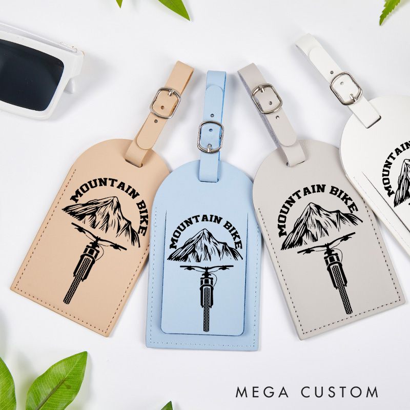 Personalized Mountain Biking Adventur Leather Luggage Tags Suitcase Backpack Tag Bag ID Giftfor Outdoor Adventures Riding Cycling Biking Enthusiasts