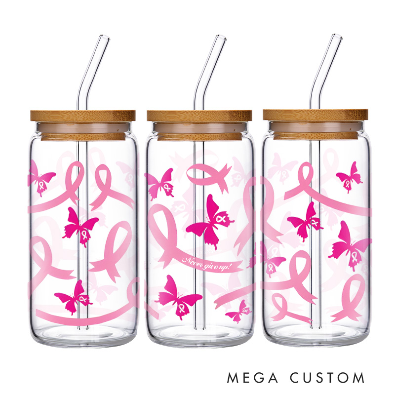 Personalized Pink Ribbon and Butterfly Pattern Engraved Glass for Breast Cancer Awareness Support Glasse Cup