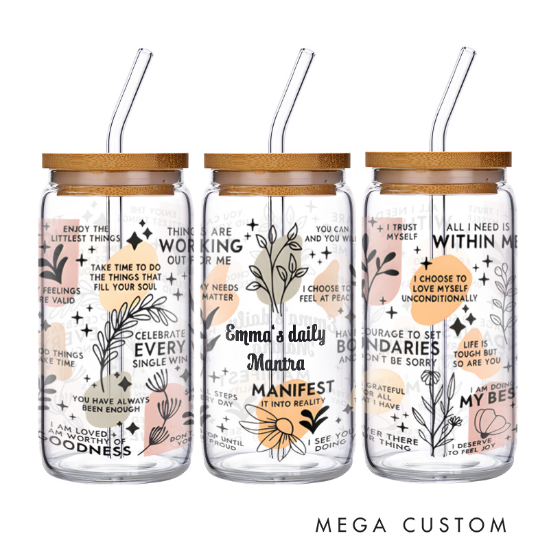 Personalized Manifest Daily Mantra Floral Engraved Glass for Positive Vibes and Mindfulness Glasse Cup