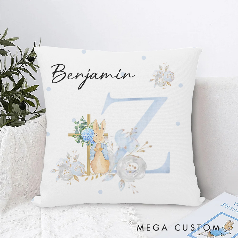 Personalized Cute Peter Rabbit Floral Cross Initial Throw Pillow with Name Home Decor Christian Baptism Gift Birthday Gift for Kids Easter Gift