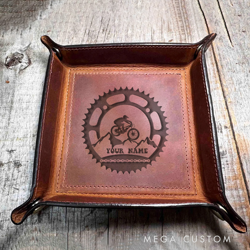 Personalized Mountain Biker Leather Tray Organizer Monogrammed Home Decor Catchall Tray Gifts for Outdoor Adventures Riding Cycling Biking Enthusiasts