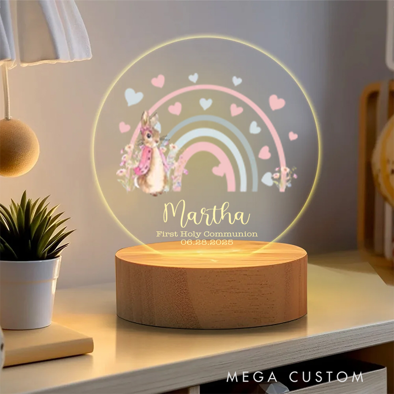 Personalized Rainbow Initial Floral Peter Rabbit LED Night Light with Wooden Base and Name Date Nursery Decor First Holy Communion Easter Gift for Kid