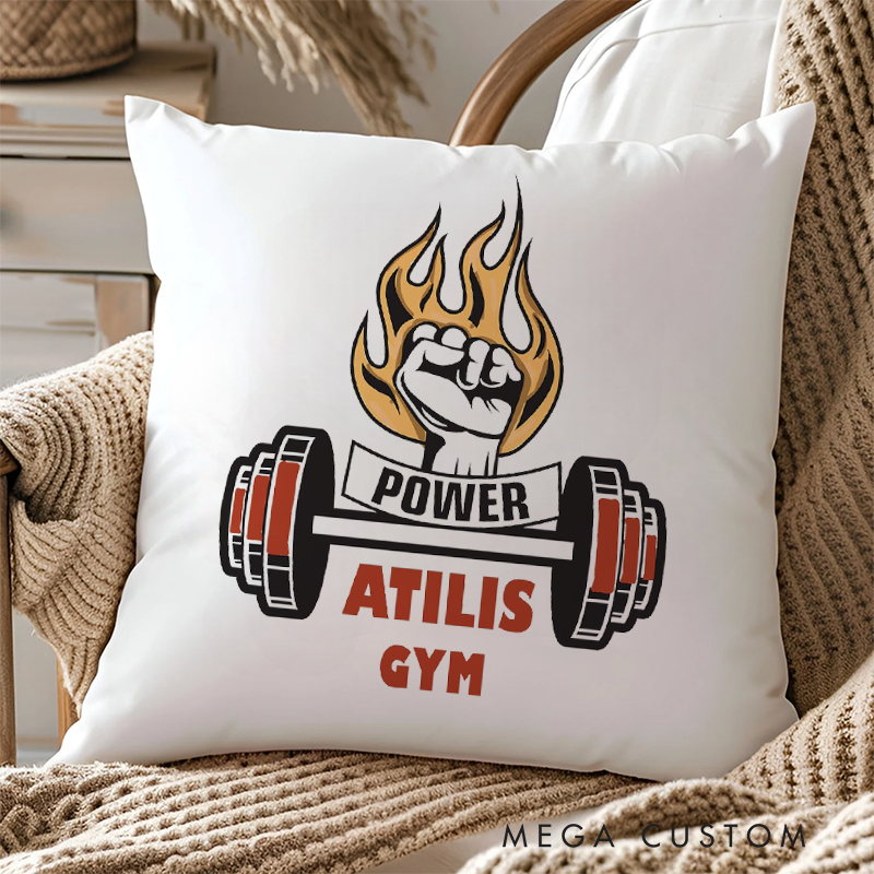 Personalized GYM Pillow with Fiery Power and Strength Design for Fitness Enthusiasts Bodybuilders and Gym Lovers