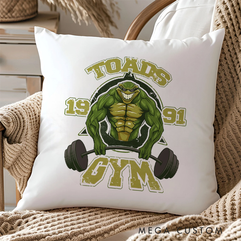 Personalized Muscle Toad Pillow with Fierce Frog Fitness Design for Fitness Enthusiasts Bodybuilders and Gym Lovers