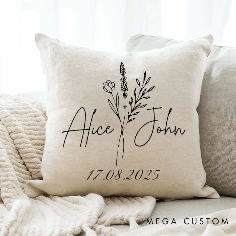 Personalized Elegant Floral Pillow for Wedding Couple