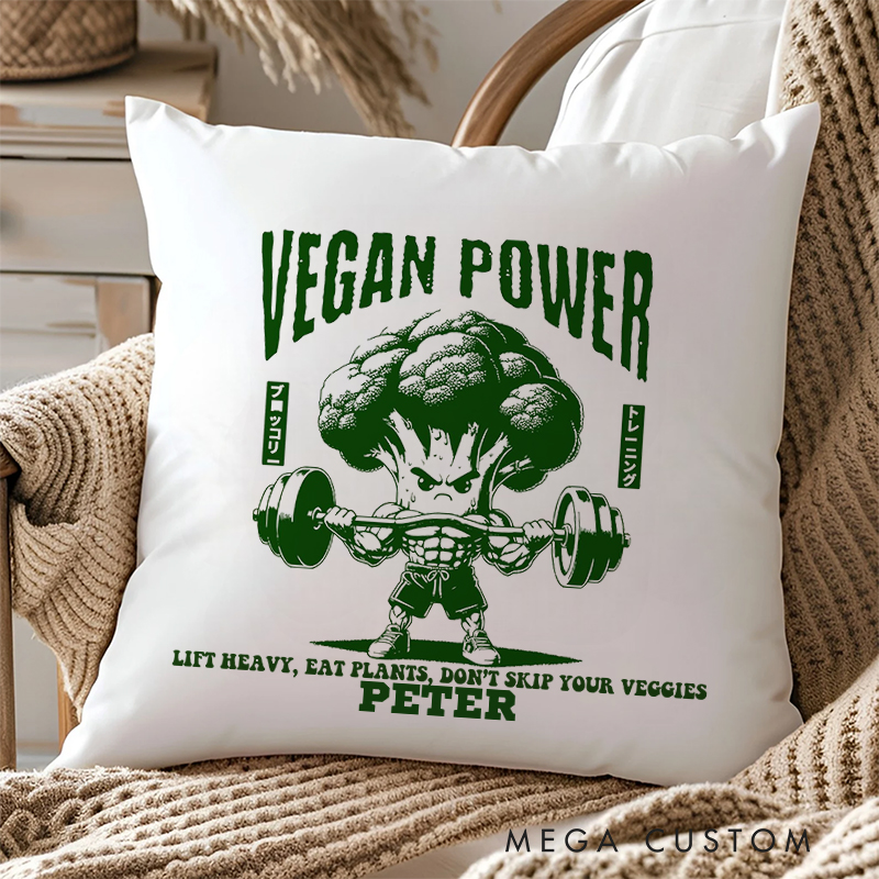 Personalized Vegan Power Throw Pillow with Broccoli Weightlifting Design for Fitness Enthusiasts Bodybuilders and Gym Lovers