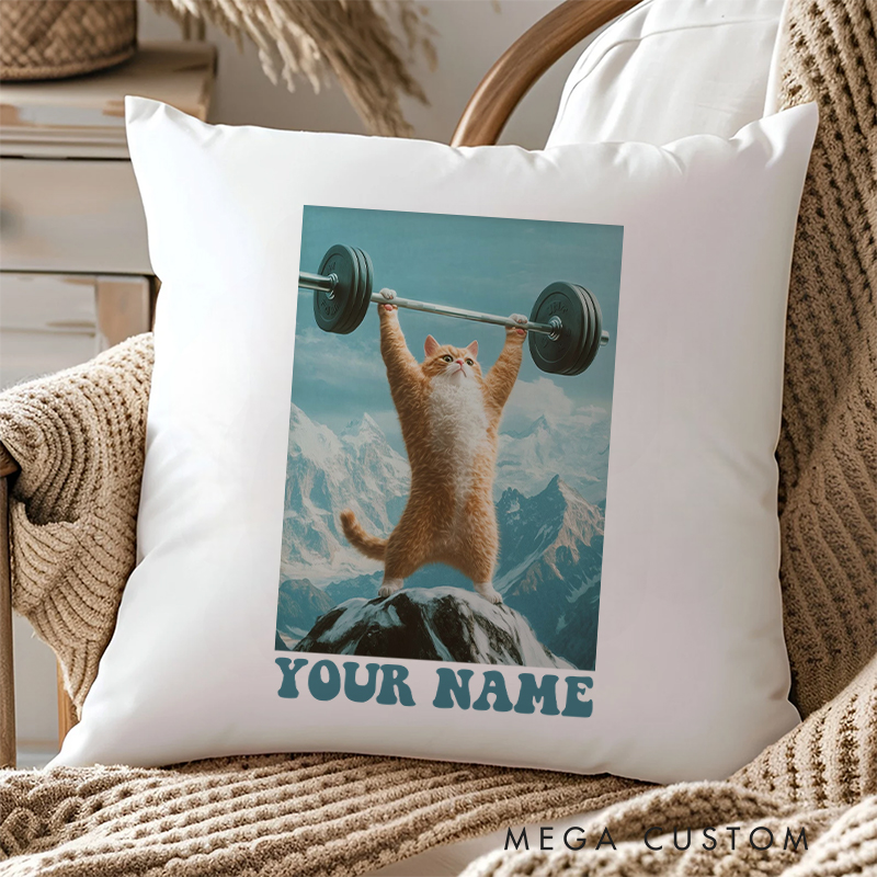 Personalized Cat Weightlifting Pillow with Unique Fitness and Adventure Decor for Fitness Enthusiasts Bodybuilders and Gym Lovers