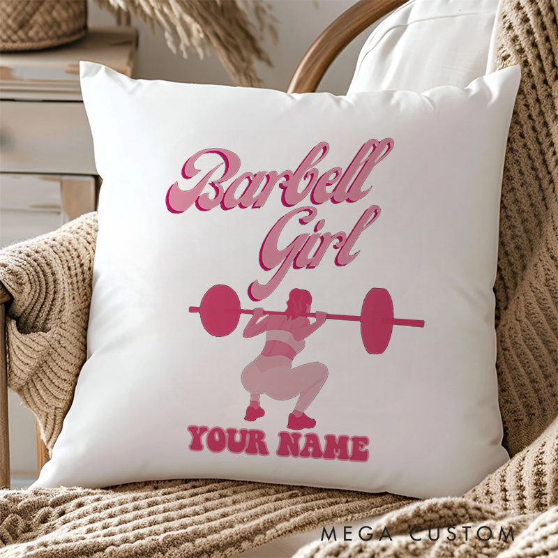 Personalized Barbell Girl Throw Pillow with Empowering and Stylish Gym Decor for Fitness Enthusiasts Bodybuilders and Gym Lovers