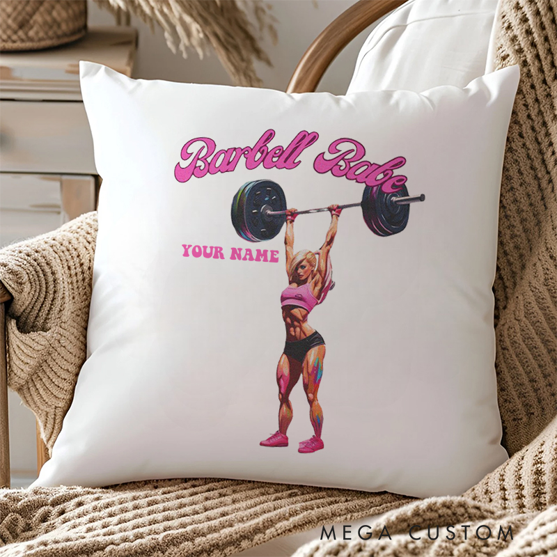 Personalized Barbell Babe Throw Pillow with Fitness Design for Fitness Enthusiasts Bodybuilders and Gym Lovers