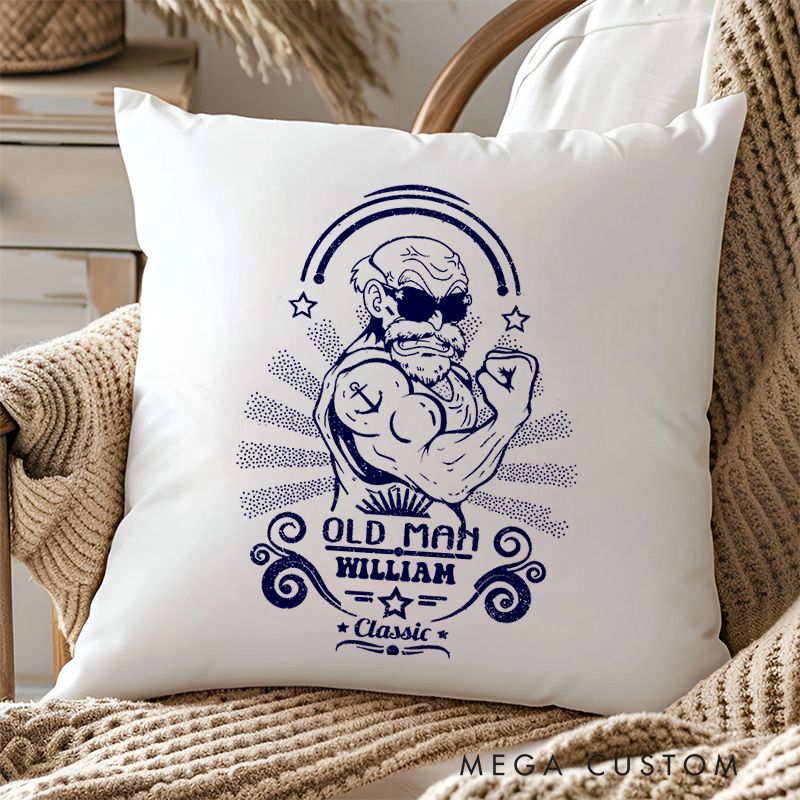 Personalized Old Man Classic Throw Pillow with Strongman Vintage Design for Fitness Enthusiasts Bodybuilders and Gym Lovers