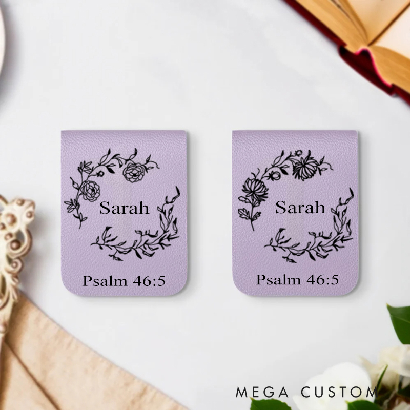 Personalized Birth Flower Wreath Magnetic Leather Bookmark Clip with Name Bible Verse Christmas Gift for Book Lover