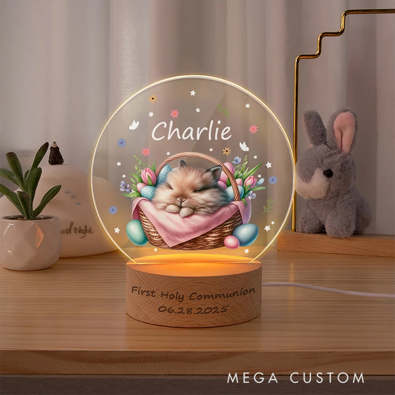 Personalized Cute Sleeping Bunny In A Basket LED Night Light with Wooden Base and Name Date Nursery Decor First Holy Communion Easter Gift for Kid